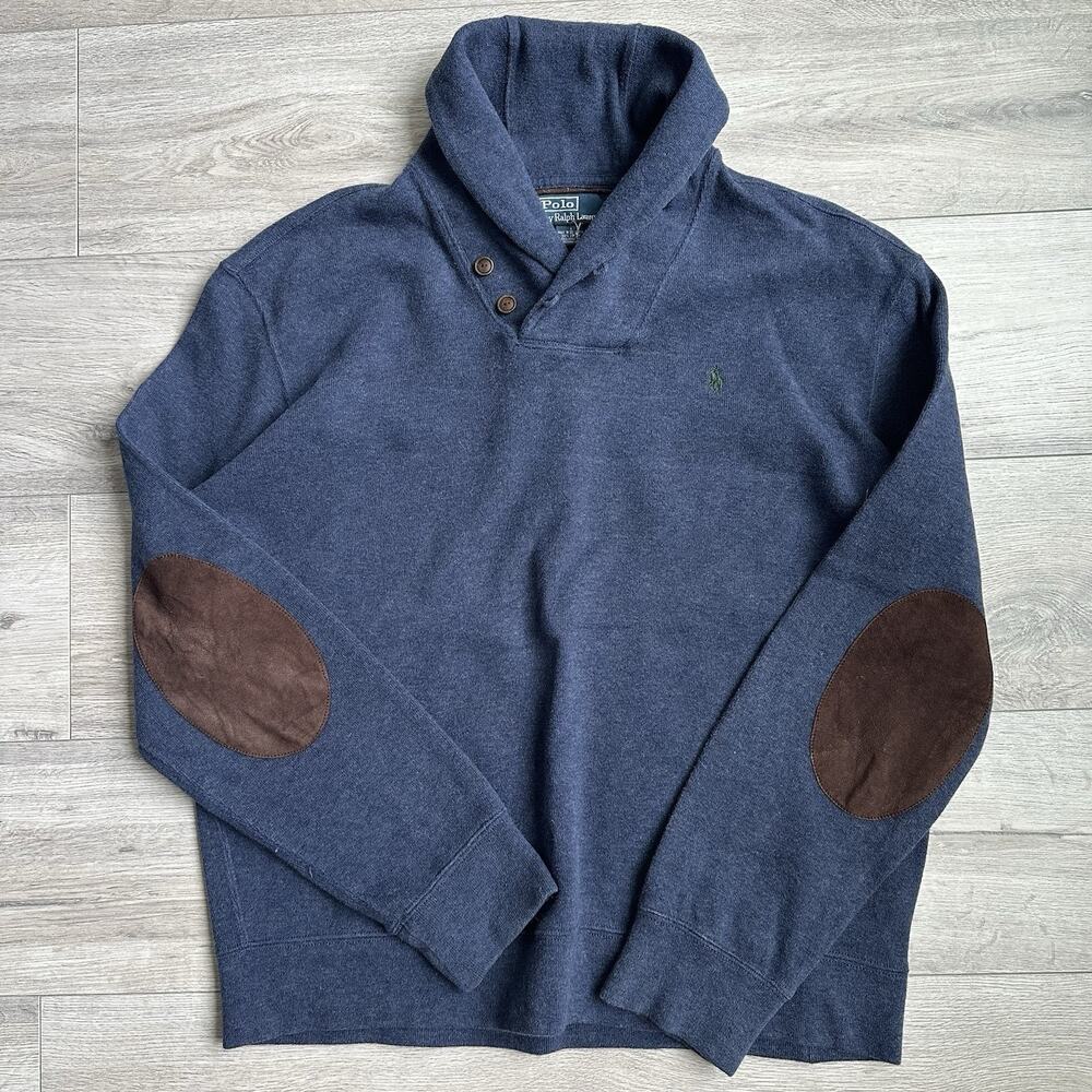 Polo Ralph Lauren Sweater Mens XL Blue Shawl Collar Suede Elbow Patches VTG